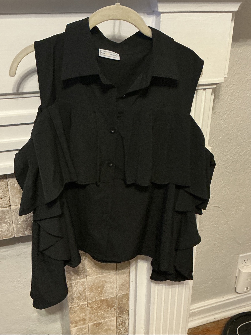 Black Ruffle Cold-Shoulder Button-Front Blouse MariGold Shadows